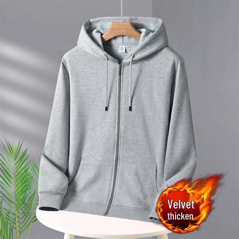 Unisex Heavyweight Cotton Zip-Up Hoodie Cardigan - Solid Color, Autumn/Winter Style.