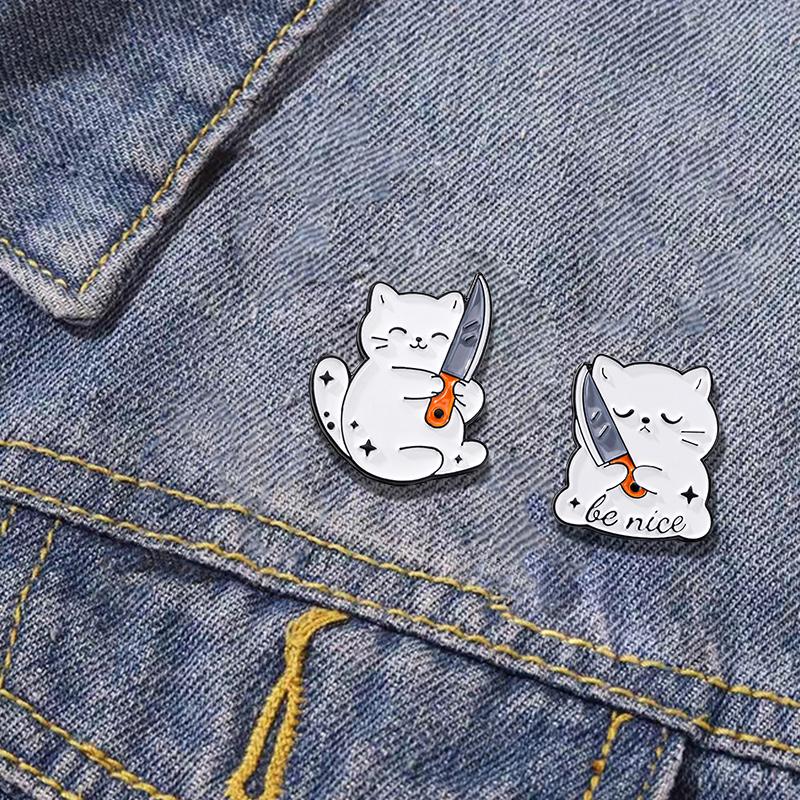 4 Styles Cat holding a Knife Design Enamel Brooches Cute White Kitten Say That Again Be Nice Lapel Pins Best Gift For Pet Lovers