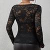 Camiseta Base Sexy para Mujer Negro Sólido Transparente Encaje Superior Ajustado Flor Festoneada Recorte Cuello en V Manga Larga Camiseta de Manga Larga Moda Ajustada Encaje Superior