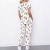 Women Plus Size Floral Printed Cutout Neck Short Sleeve Scrub Set With Pockets Top And Long Pants Two Piece