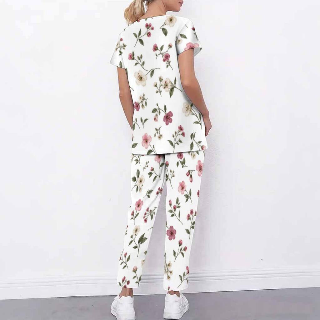 Women Plus Size Floral Printed Cutout Neck Short Sleeve Scrub Set With Pockets Top And Long Pants Two Piece