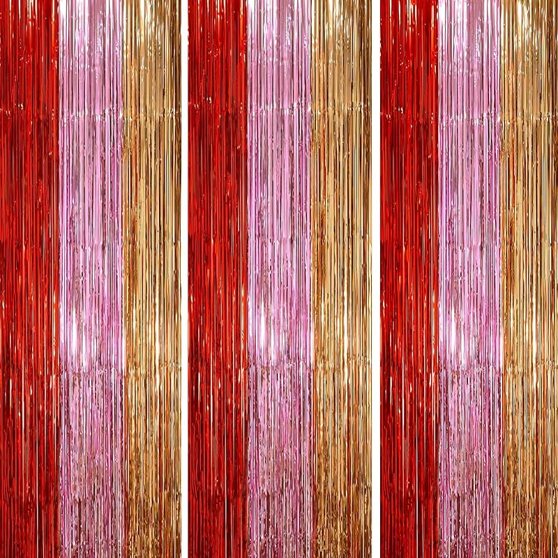 3 Pack 3.3x8.2 Feet Gold Foil Fringe Backdrop Curtains, Tinsel Streamers, Fringe Backdrop for 2025 New Years Eve, Graduation, Birthday, Baby Shower,
