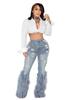2024 Women's Versatile High-Waisted Distressed Pearl Feather Jeans - European and American Style