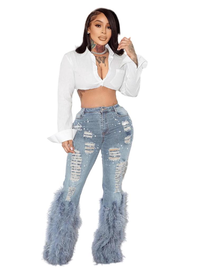2024 Women's Versatile High-Waisted Distressed Pearl Feather Jeans - European and American Style