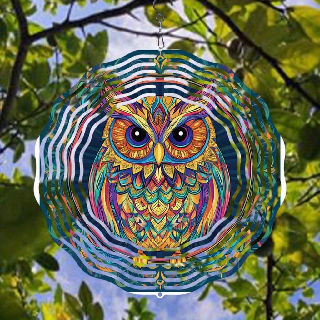 Vibrant Hand Painted Owl Wind Chime 3D Metal Garden Decor Colorful Outdoor Hanging Ornament with Swivel Hook Perfect for Thanksgiving
