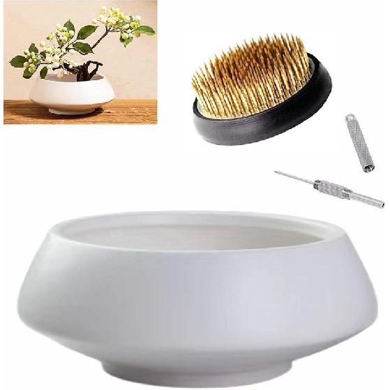 Ceramic Flower Pot Flower Arrangement Set Japanese Ikebana Floral Art Supplies Flower Bowl Decorative Flower Vase for Centerpieces (Medium White)
