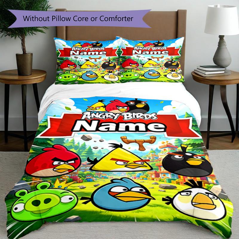 3pcs Duvet Cover Set (1*Duvet Cover + 2*Pillowcase, Without Core), Custom Name Angry Birds Pattern Bedding Set, Home Bedroom Decor Gift