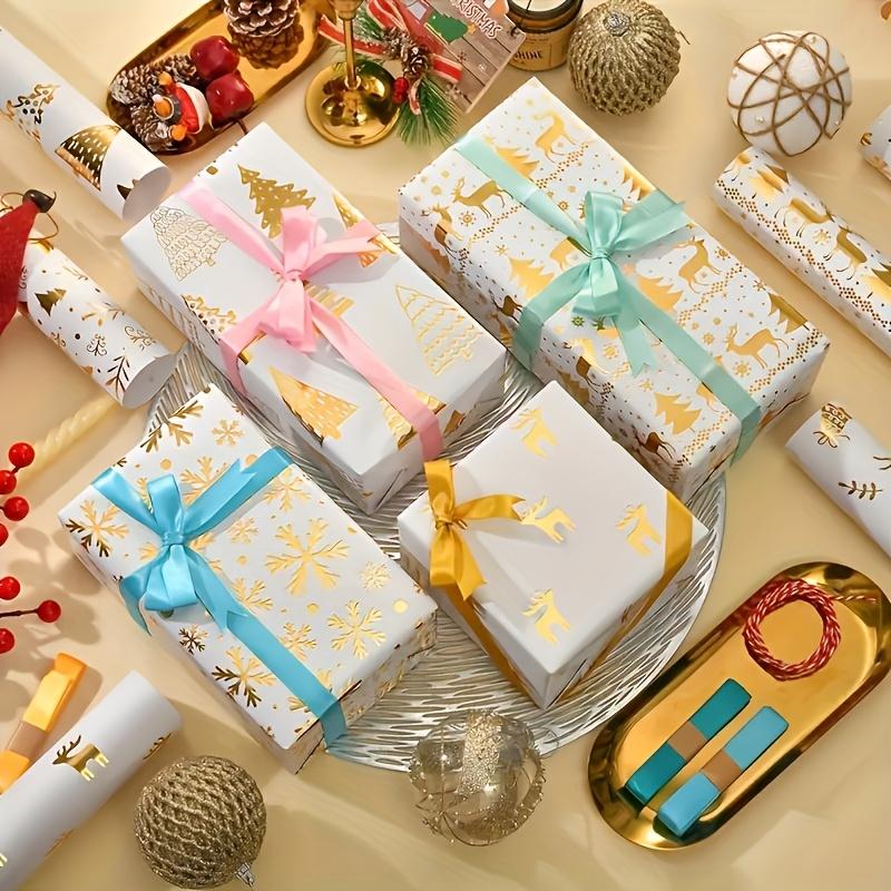 6pcs Elegant Christmas Gift Wrapping Paper with Golden Reindeer&Tree Design- Sparkling Foil Accents,Perfect for Holiday Presents