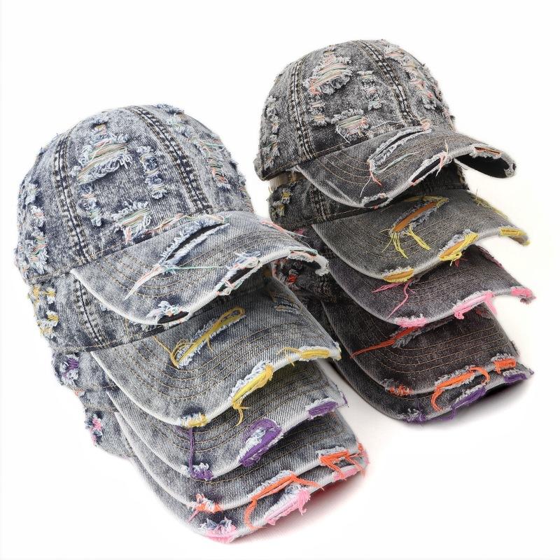Distressed Tactical Retro Baseball Cap Hole Cap Korean Version Sun Hat Hole Spring Autumn Wash Denim Cap Hip Hop Fitted Cap