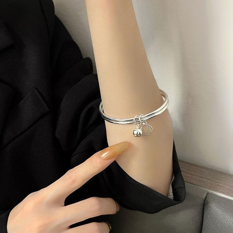 Fu Character Double Ring Bracelet With Bell Ins Style Good Luck Korean Style Bangle For Women Girls Charm Jewelry Gift