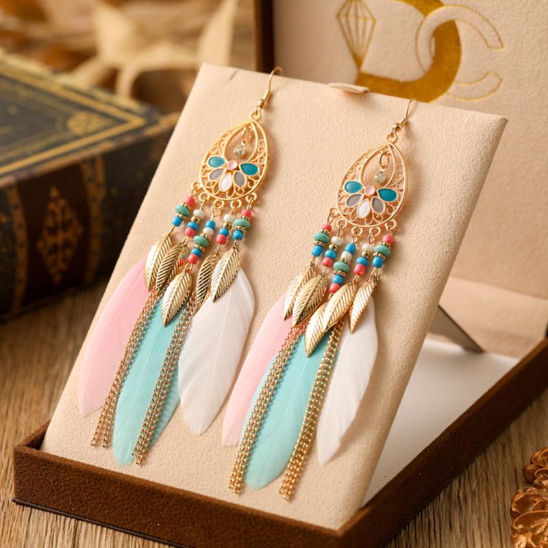 Fashion Vacation Style Bohemian Feather Earrings for Women Ethnic Long Chain Bead Leaf Dangle Earrings Party Daily Jewelry