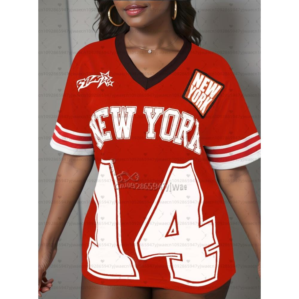 2026 Damen Amerikanischer Stil NEW YORK 13 Aufdruck V-Ausschnitt Kurzarm T-Shirt Sommer T-Shirt Baseball Trikots Gestreift täglich Sport T-Shirt