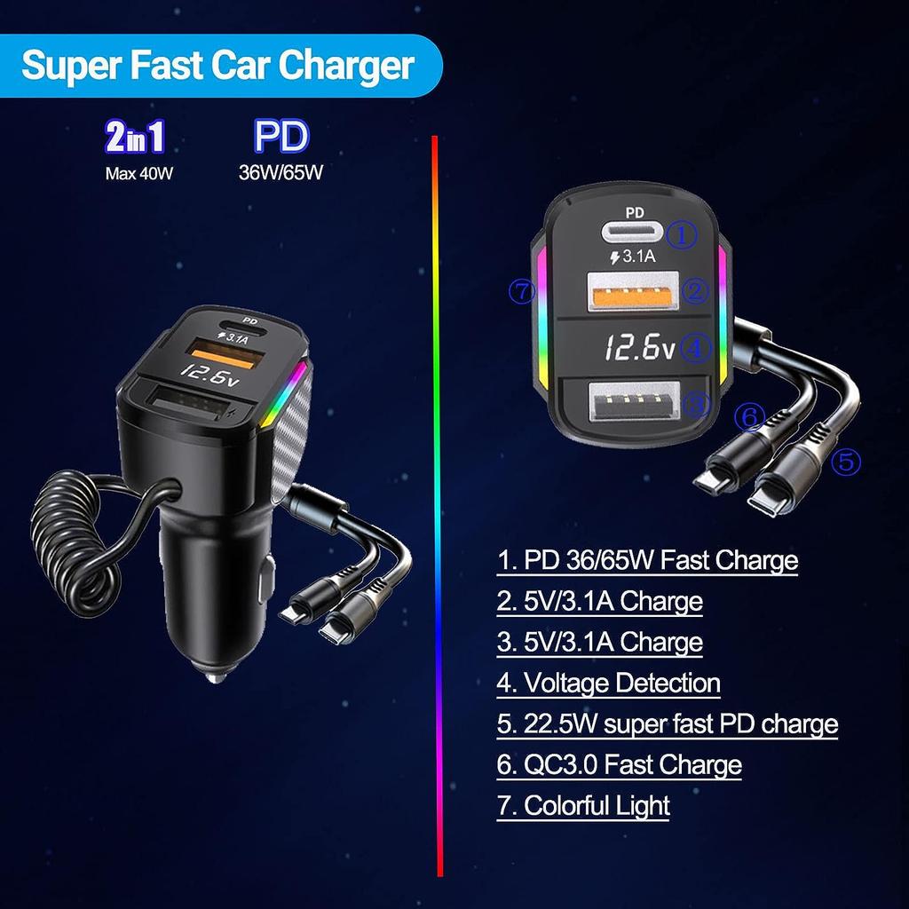 80W USB C Car Charger Cigarette Lighter and USB C Adapter, 3 Ports PD3.0 & QC3.0 Fast Car Charger Super Fast Charging with LED Voltmeter Car Device