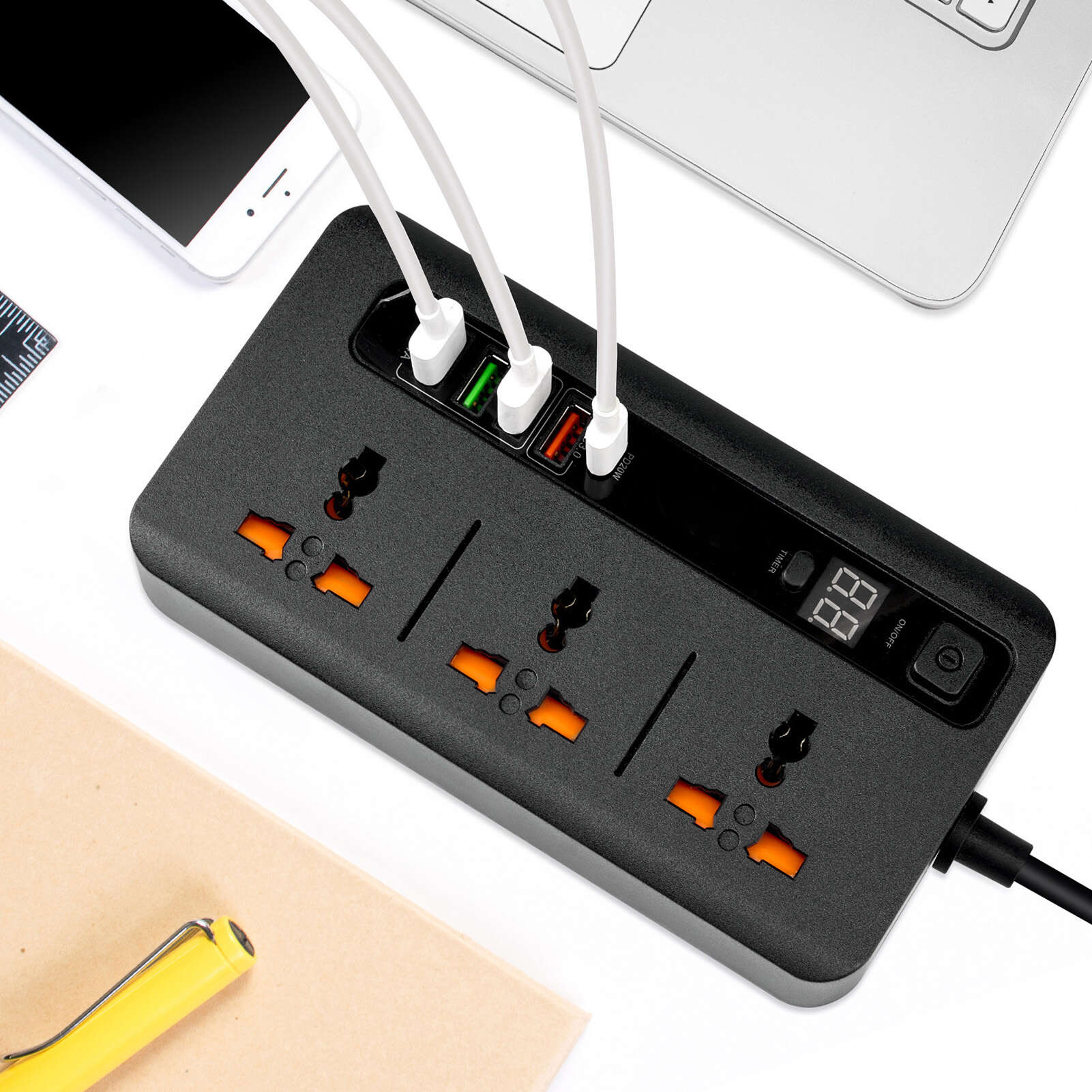 

Розетка живлення 3000 Вт USB Універсальна PD20 Вт QC3.0 Подвійна швидка зарядка з цифровим дисплеєм