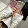 Korean Version Cute Cat Hot Diamond Kt Cat Warm Wool Half Finger Gloves Autumn and Winter Hand Protection Wrist Writing Fingerless Gloves