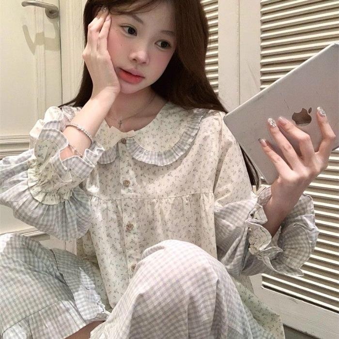 

Doll collar splicing grid pajamas women s spring and autumn long-sleeved trousers Internet celebrities long-sleeved trousers M