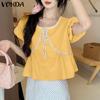 VONDA Summer Women Short Sleeve Bow Knot Lace Hem Casual Cute Tops Cropped Blouse