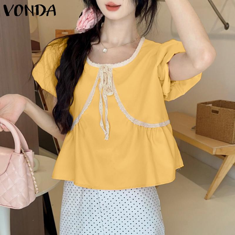 VONDA Summer Women Short Sleeve Bow Knot Lace Hem Casual Cute Tops Cropped Blouse