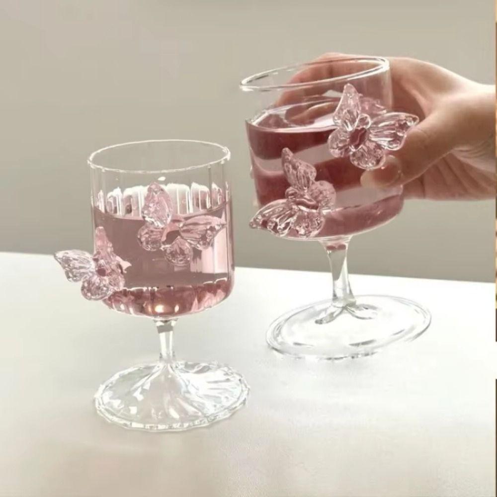 

INS High Legged Glass Cup Heat-resistant Glass Goblet with Butterfly Ornament Household Single Purple Butterfly