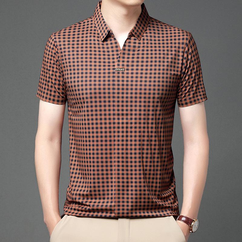 

Новая бесшовная не требующая глажки клетчатая рубашка поло с короткими рукавами мужская летняя повседневная мужская футболка с лацканами M