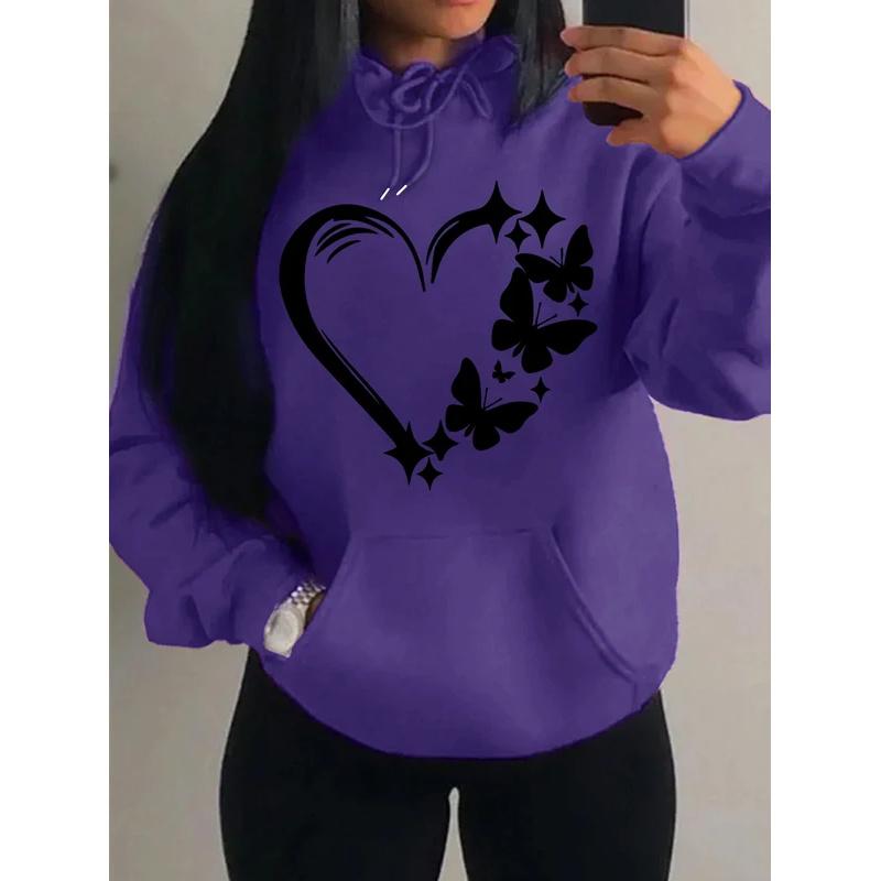 Kombination aus Liebe und Schmetterlingsmuster Hoodie Damen Hip Hop Street Hoodies Trendy Taschenkleidung Vintage Mehrfarbiger Hoodie