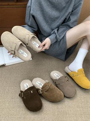3CM Inner Height Increase Thick-soled Birkenstocks Women's Velvet Autumn and Winter New Mori Retro Ugly Cute Bag Head Half Slippers