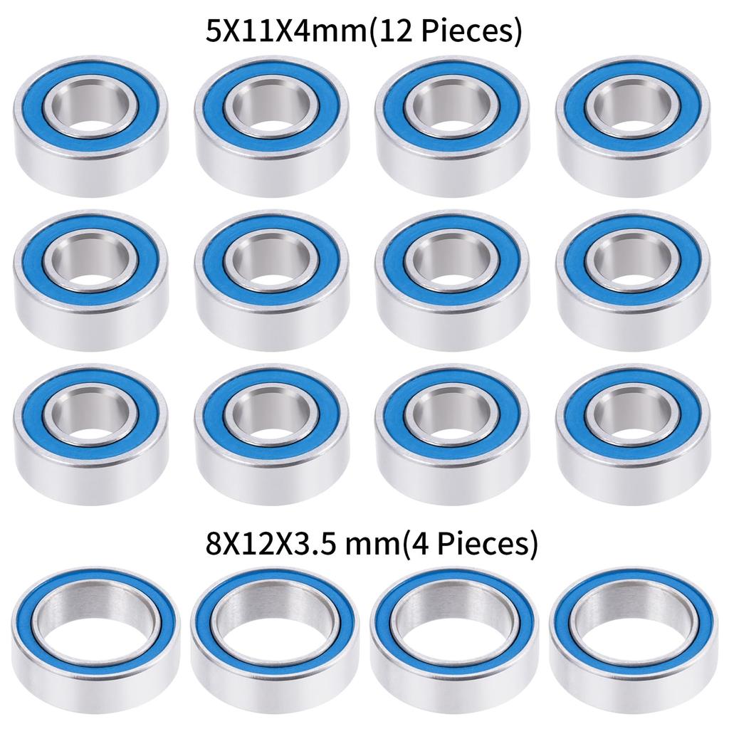 TRZX 16-Piece Metal Rubber Sealed Bearing Kit Upgrade Parts for Tamiya TT-02B RC Car