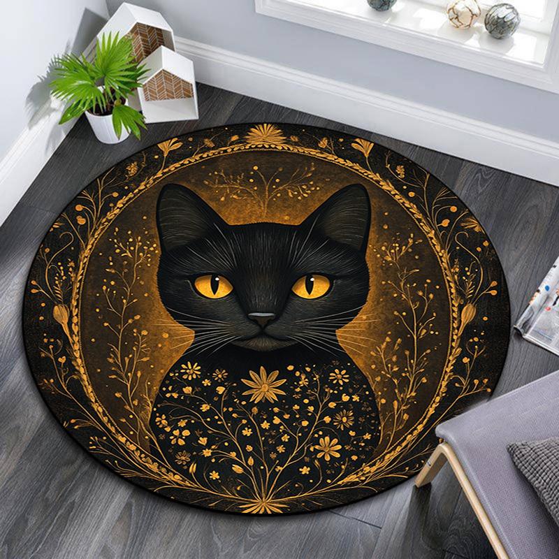 Golden Framed Black Cat Round Area Rug,Carpet Rug for Living Room Bedroom Sofa Playroom Decor,Non-slip Floor Mat