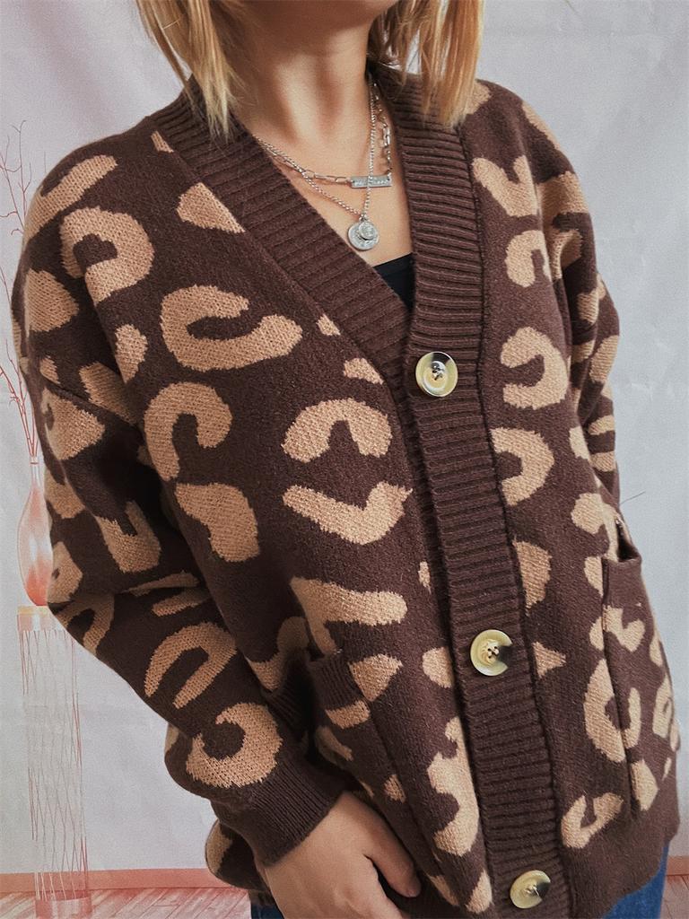 Autumn and Winter New Loose Casual Leopard Print Single Breasted Long Sleeved V-neck Knitted Sweater Jacket 3539 KTB
