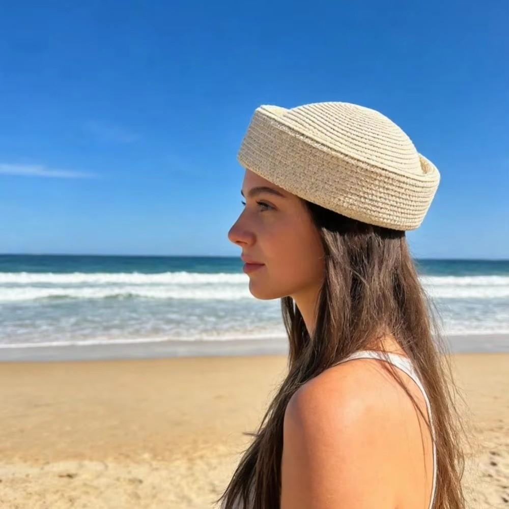 Breathable Beret Sun Hat Circle Concave Top Flat Top Handemad Straw Pillbox Hat Handmade Straw Pillbox Cap Women Headwear
