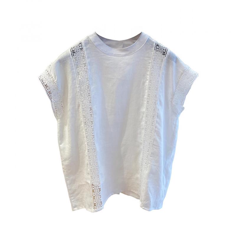 Women's White Lace Cotton Top - 2025 Summer Flutter Sleeve Patchwork Design
