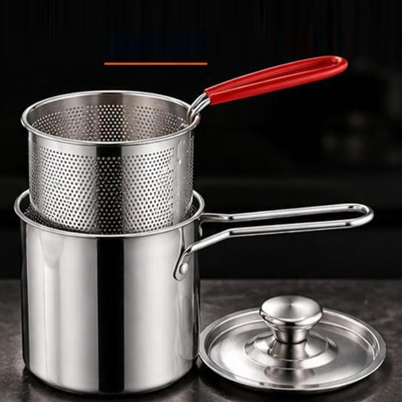 Type 304 Steel Stovetop Frying Saucepan Set with Removable Perforated Basket, Lid, and Narrow Deep Shape for Frying Modest Servings and Draining