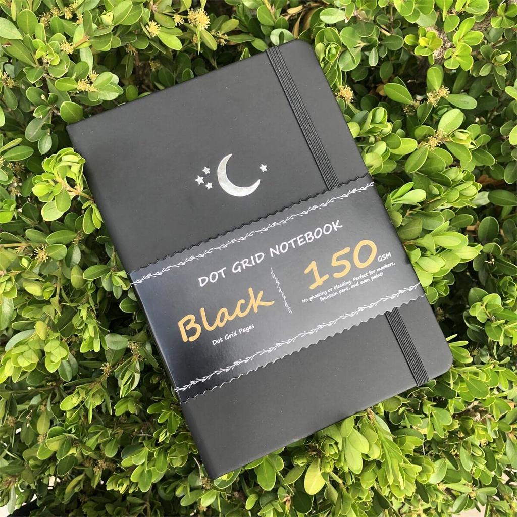 Bullet Dotted Journal Punktkariertes Notizbuch 150 g/m² Durchbluten Schwarzes Papier Nr. 160 Schwarze Seiten für Frauen und Männer A5 PU-Leder Hardcover x mit Geschenkbox 5,75"