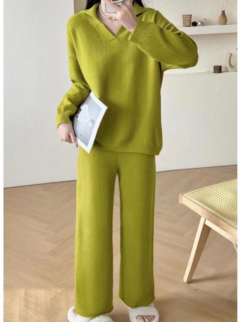 Ensemble Pantalon Tricot Décontracté Ample Coréen à Jambes Larges et Pull Polo Uni pour Femmes - Collection Automne/Hiver Deux Pièces