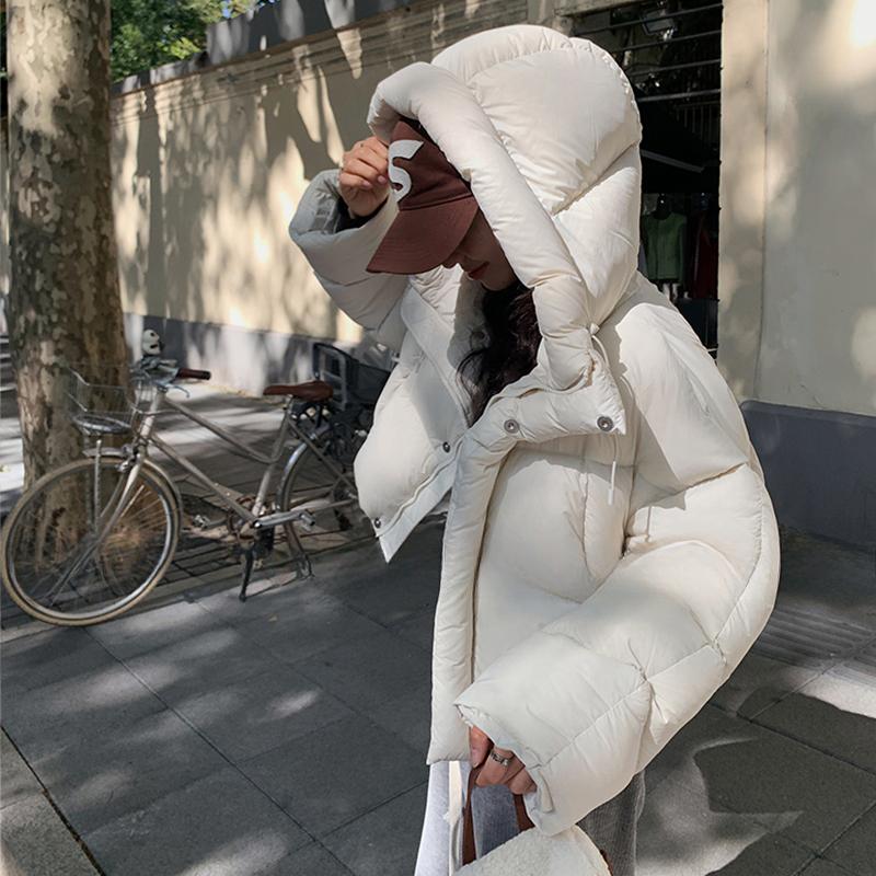 

Элегантный короткий пуховик с капюшоном для женщин 2024 зимнее пальто корейская мода толстые теплые парки ретро свободная однотонная белая верхняя одежда одежда XL белый