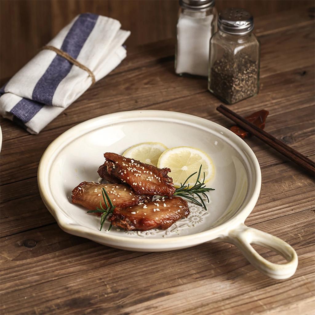 Japanischer Stil Retro Keramik Runde Platte Einzelner Griff Ofenveränderte Platte Geschirr Kreativ Salat Steak Salat Sushi Platte