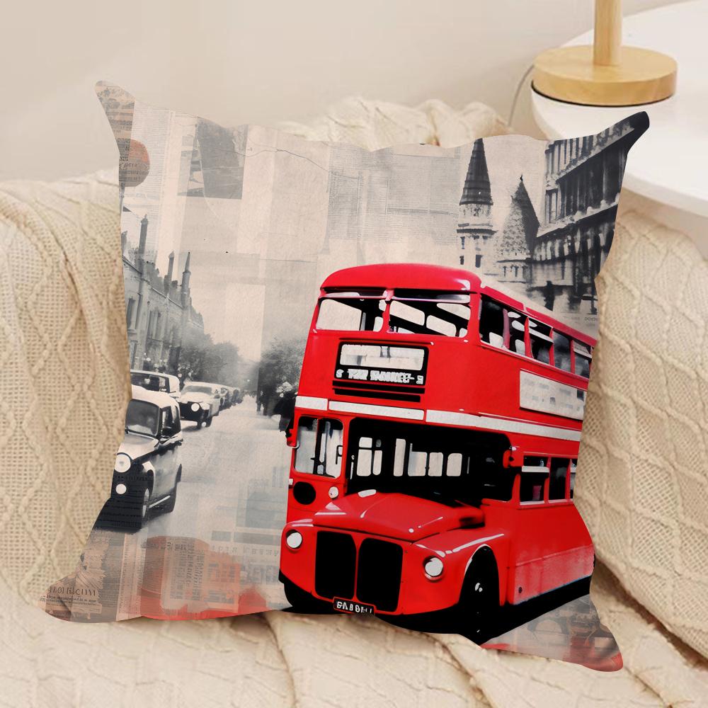 London Red Bus Print Cushion Cover Silky Short Plush Invisible Zipper Dustproof Sofa Pillow Case for Home Decor