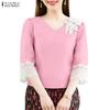 ZANZEA Women Casual V-Neck Lace Crochet Splice 3/4 Sleeve Blouse