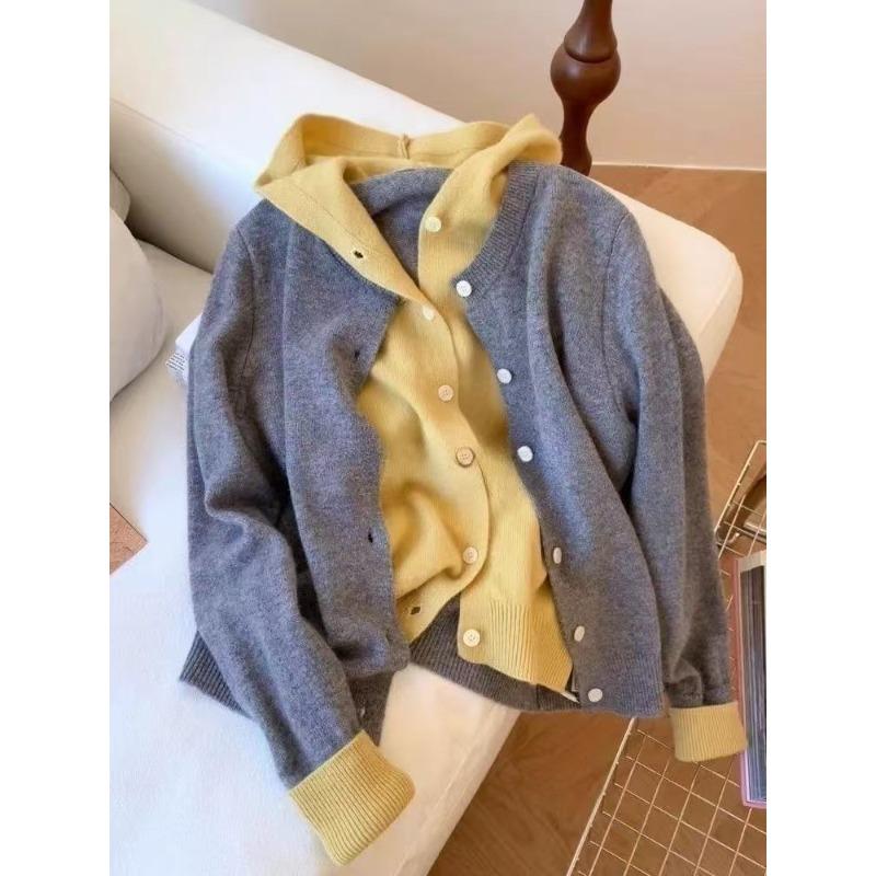 

Женский трикотажный кардиган с капюшоном, контрастного цвета, имитация двойки, весенний новый, с длинными рукавами, повседневный, модный свитер-куртка, топ average size серый