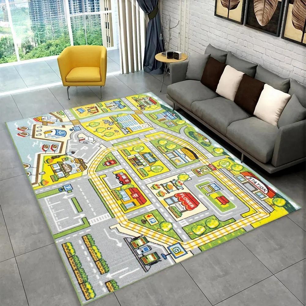 Interactive Kids' Playmat with City Roads Traffic Theme Rug for Playroom Non-Slip Carpet for Living Room or Bedroom Floor Mat