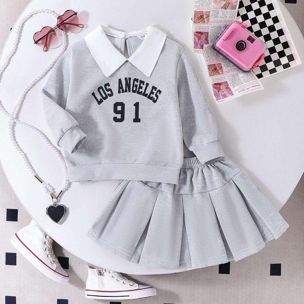 Girls' Sets Spring/Summer Children's Alphanumeric Printed Long-sleeved Sweatshirt + Pleated Skirt