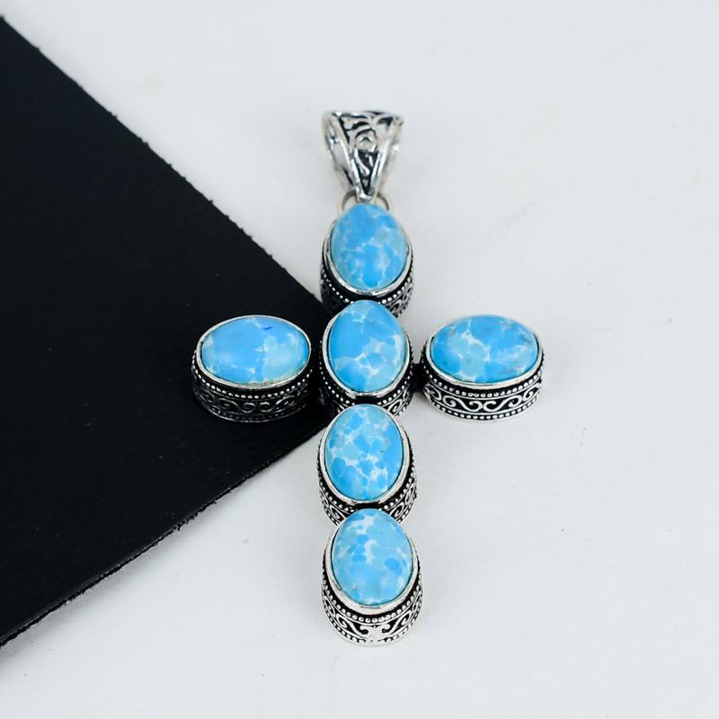 Larimar Edelstein Anhänger 925 Sterling Silber - Handgefertigtes Kreuz Design, Alltagsschmuck, Einzigartiger Larimar Anhänger Hochzeitsgeschenke