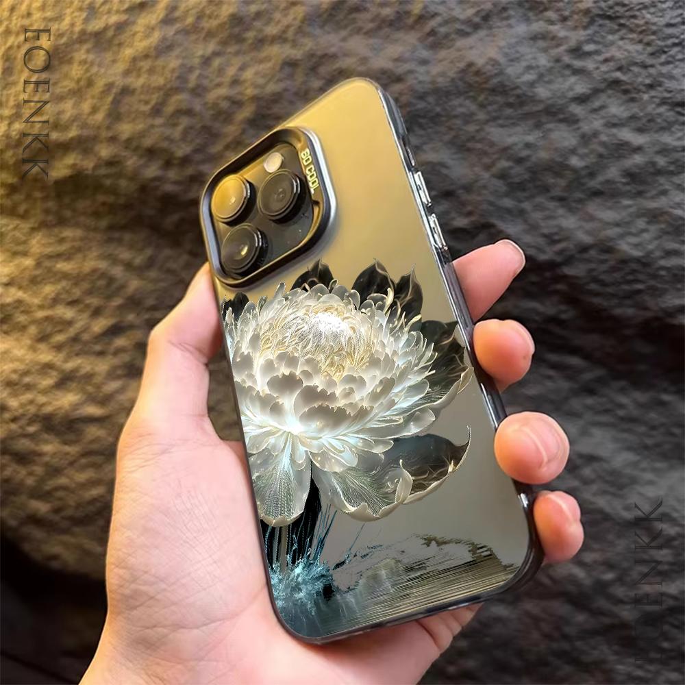 Luxury Lotus Flower Anti-drop Armour Case For iPhone 16 Pro Max 15 14 13 12 11 Pro XR XS X 7 8 Plus Lens protect plating Cover