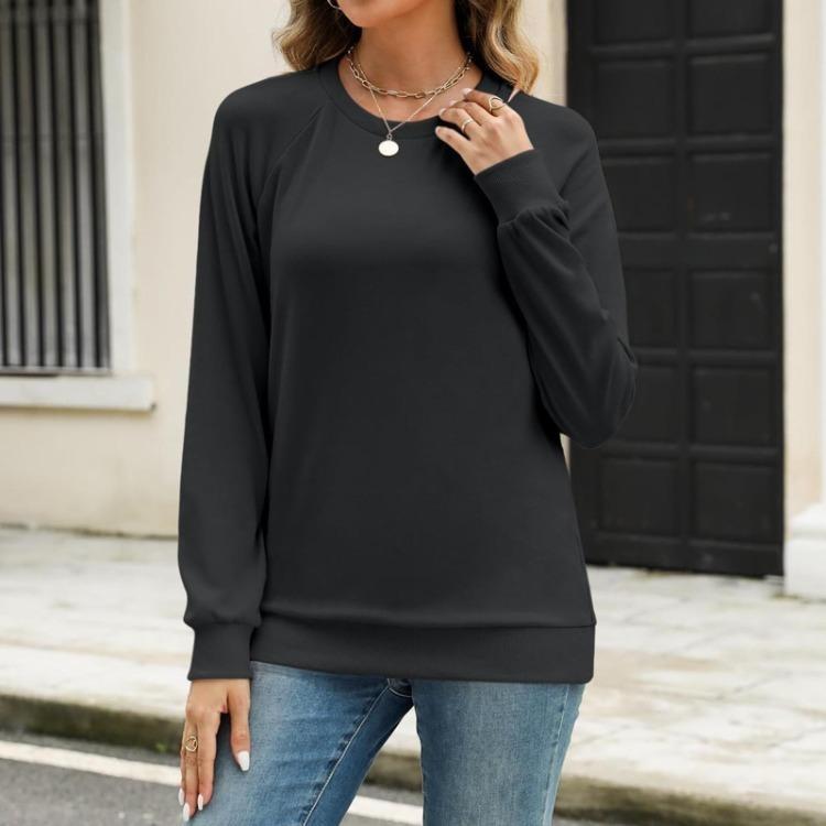 Solid Color Long Sleeve Hoodie Loose Pullover Round Neck Womens Sweatshirt