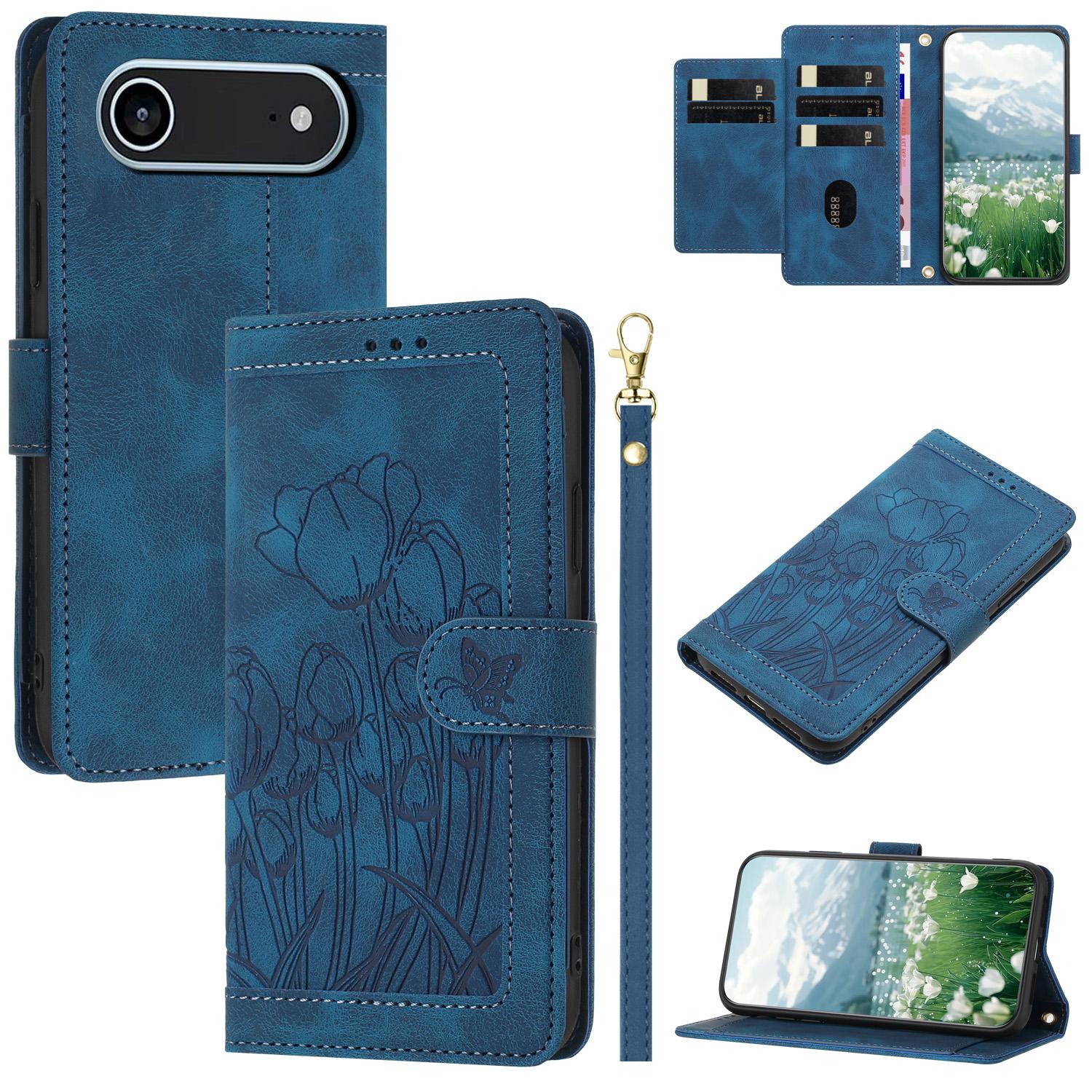 

For iPhone 17 Air Case Tulip Leather Phone Cover with 5 Card Slots Wallet Blue