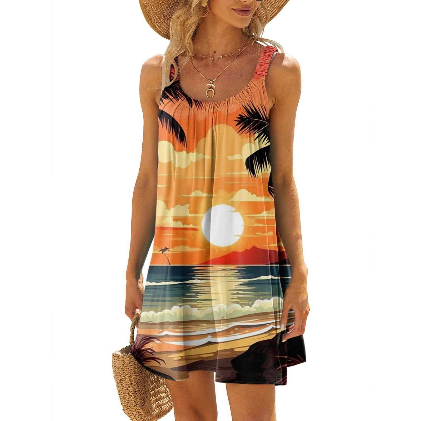 

Жіноча модна літня пляжна повсякденна мила сукня-слінг без рукавів з принтом XL шафрановий