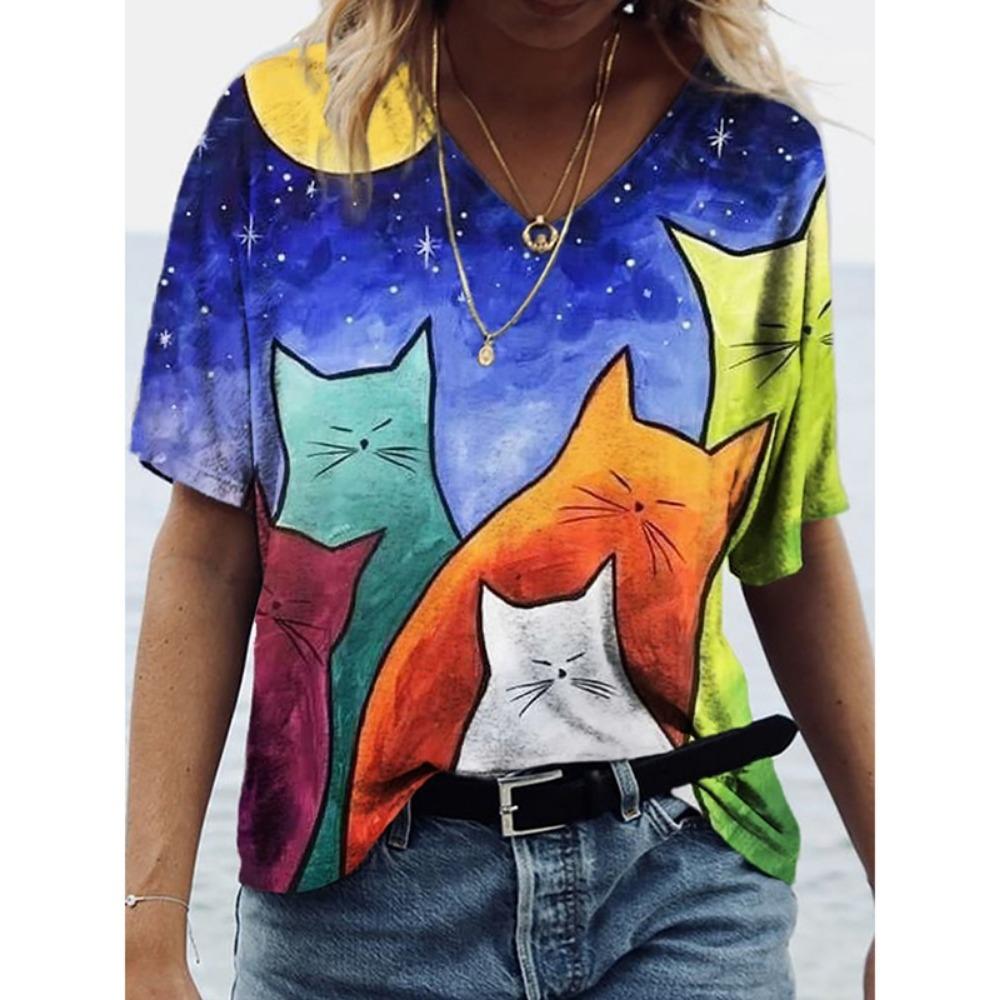 Cooles Mondkatzenmuster T-Shirt für Damen Lustiges Tier 3D-Druck Kurzarm Sommer Locker T-Shirts Rundhals Oberteile Tees Streetwear