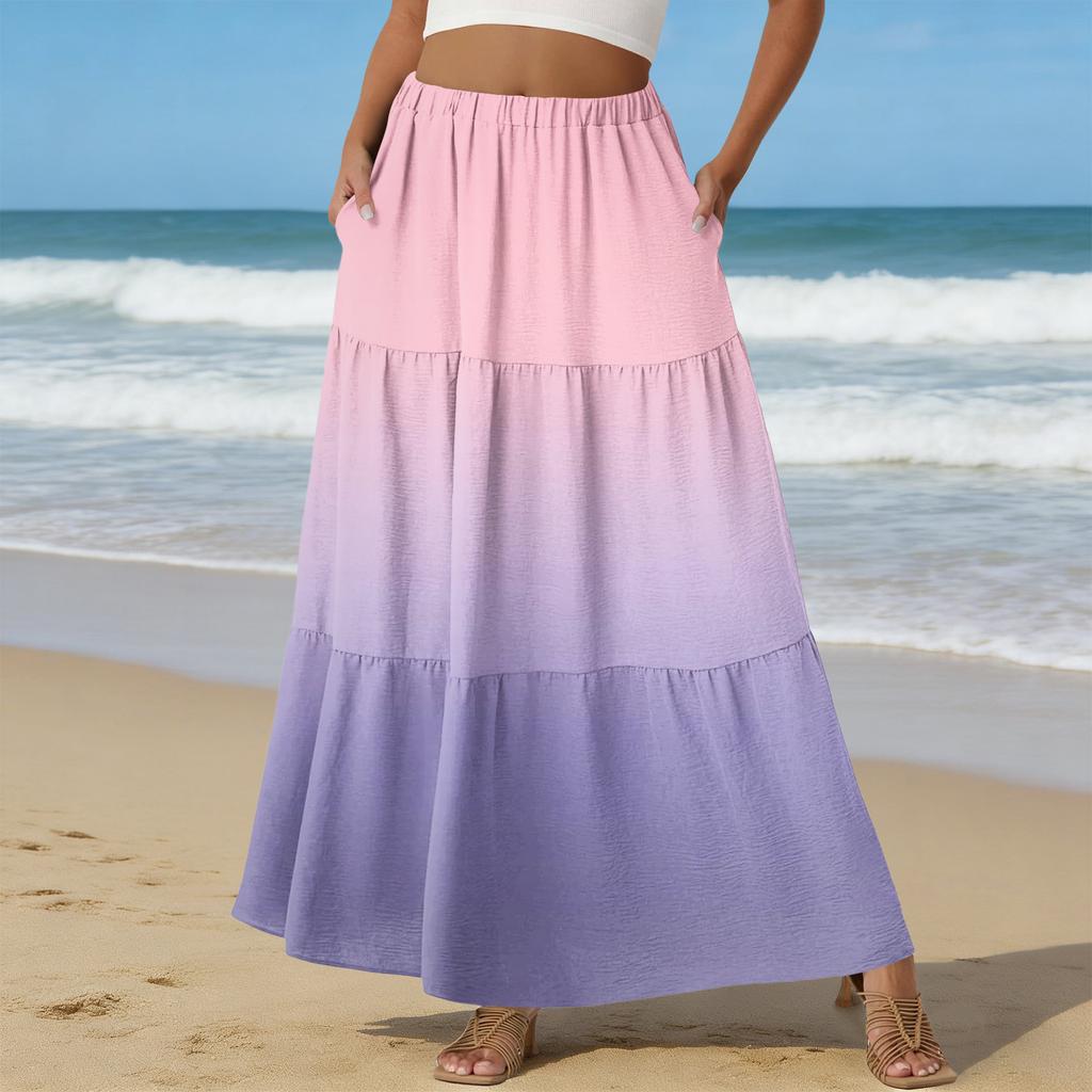Women's Casual High Waist Drawstring A-line Skirt Color Skirt With Pockets