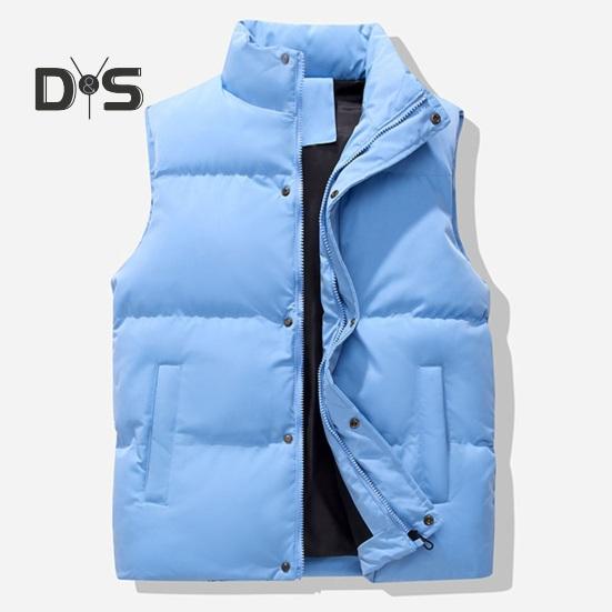 Men Windproof Vest Stand Collar Sleeveless Button Zipper Closure Waistcoat with Pockets Solid Color Thickened Down Vest Coat
