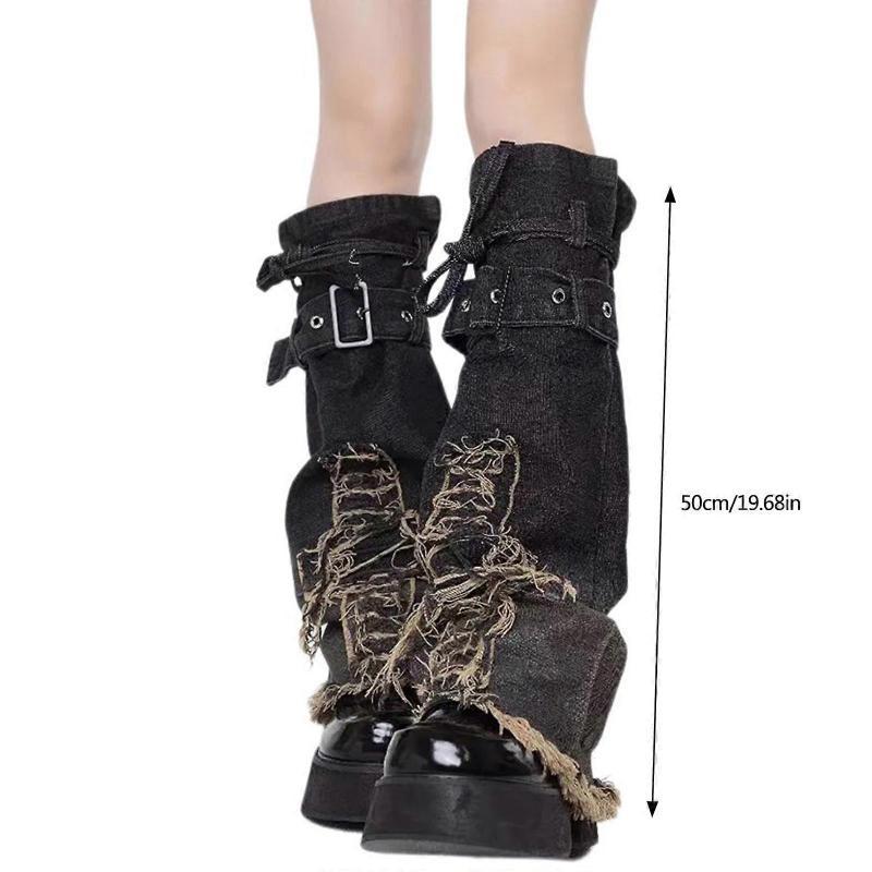 Scaldamani da donna giapponesi con cinturino e fibbia, jeans effetto invecchiato con croci e stelle, Harajuku Punk, coprigambe a zampa d'elefante, calze lunghe ampie
